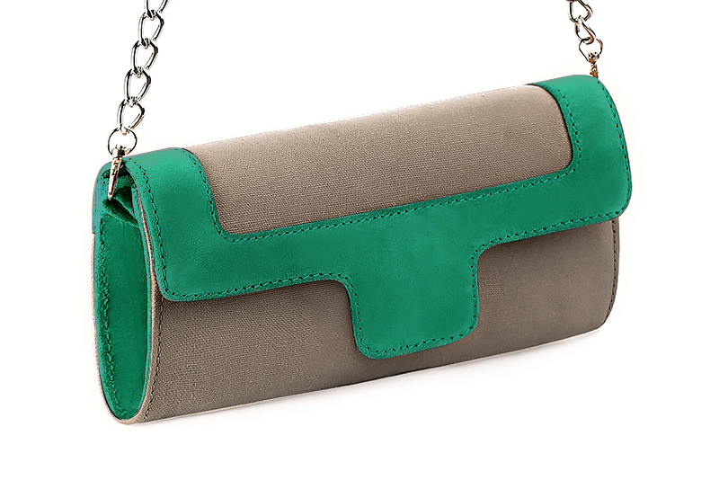 Taupe brown and emerald green luxurious elegant clutch for ceremonies, weddings and evenings out.